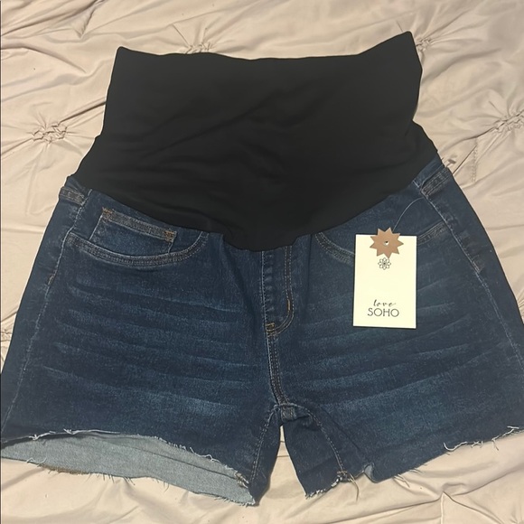 Soho High Waist Black and Blue Maternity Shorts - Picture 1 of 4